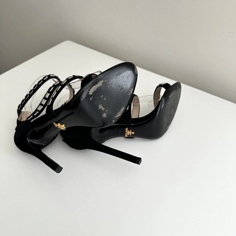 PRADA Black Suede Silver Studded Strappy Sandals Heels Size 38.5 (US 8.5) - Picture 10 of 11